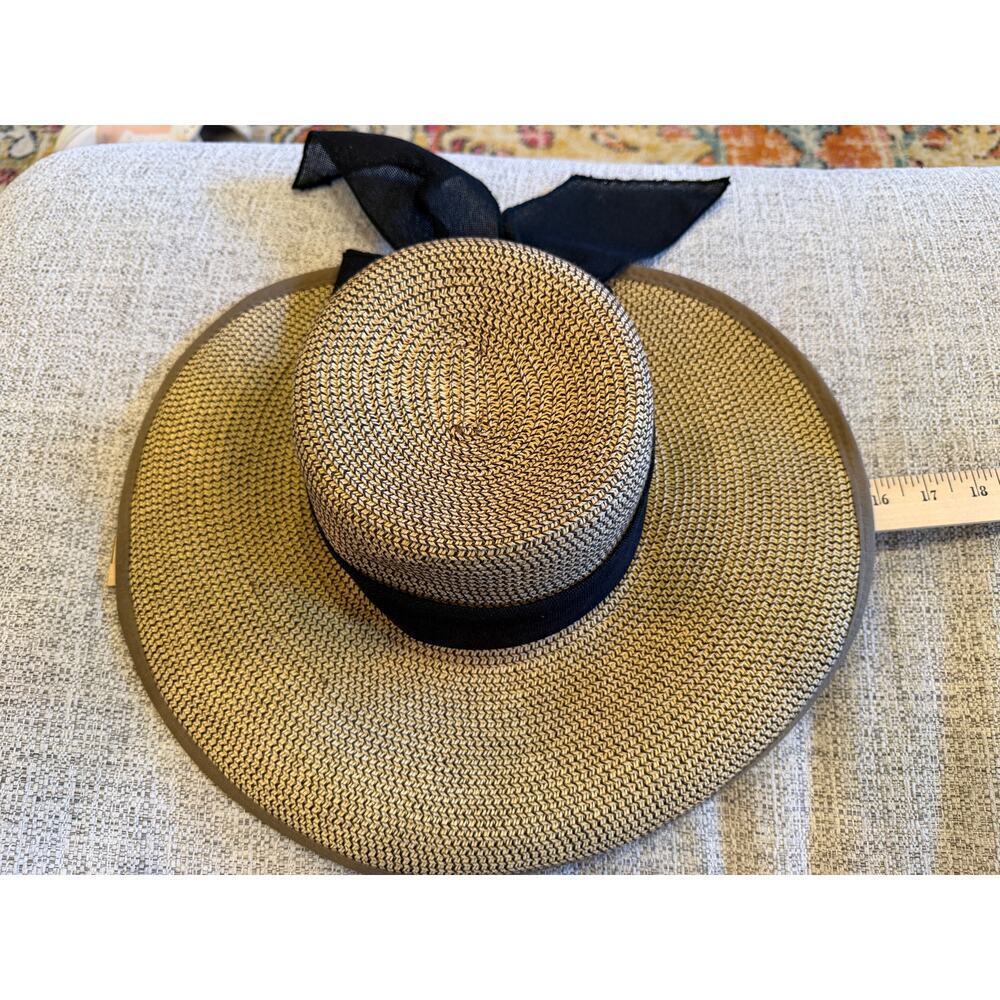 HBY Miami Straw Sun Hat Black Ribbon Bow 100% Straw Sz S/M - Picture 2 of 7